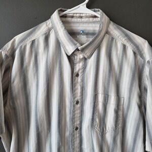 Kuhl Mens The Bohemian Short Sleeve Button Up Shirt Striped Tan Blue XL